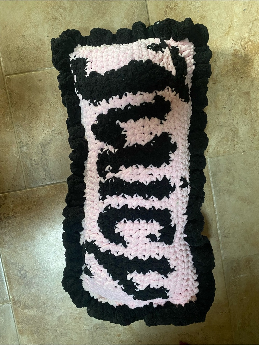 Handmade Pink and Black Crochet Accent Pillow with the JUICY logo
